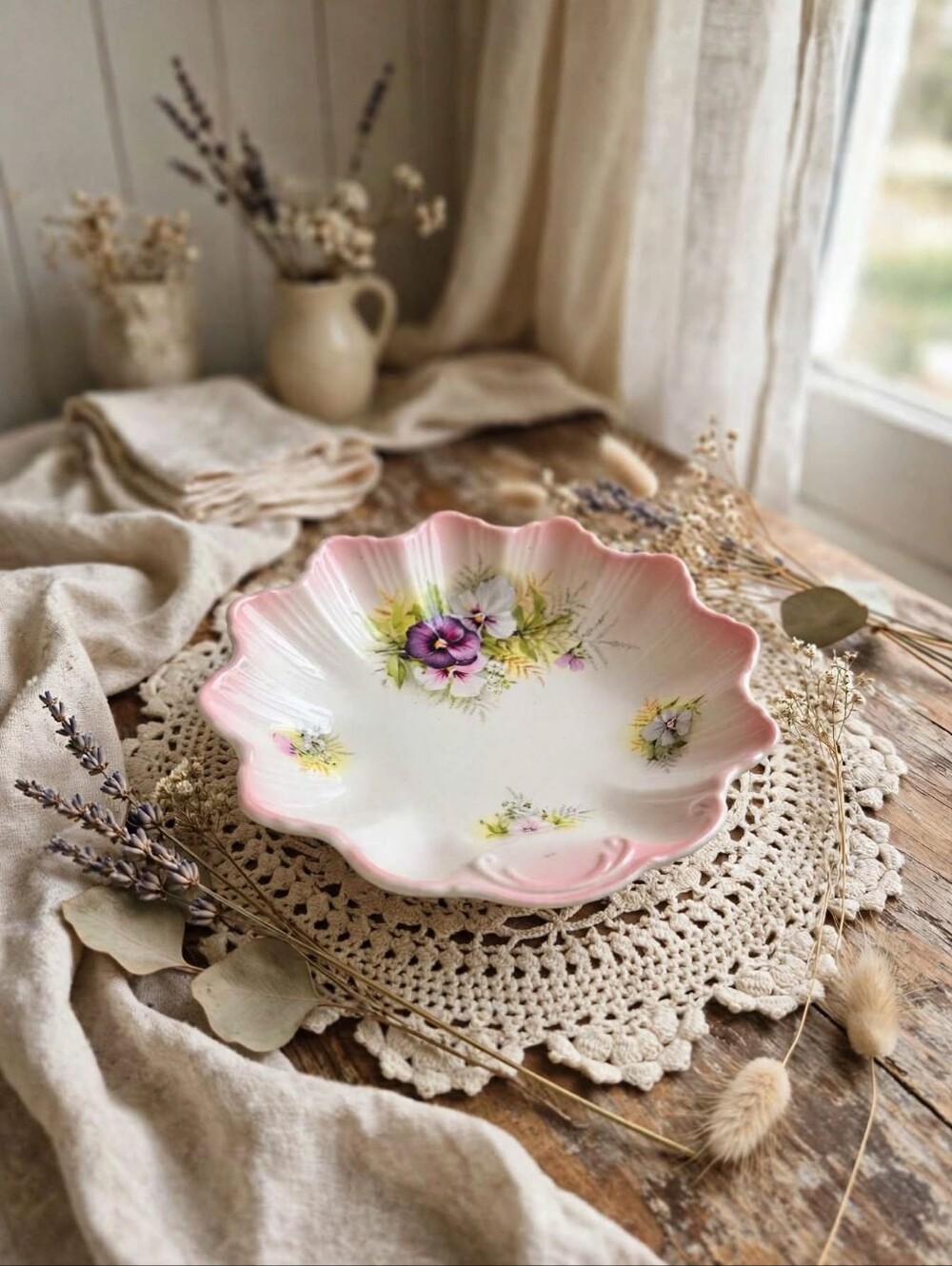 Vintage James Kent Old Foley Pansy Scalloped Dish Pink Trim Bowl